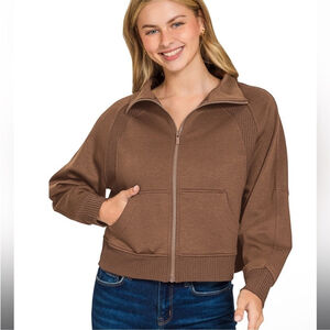 Zenana Soft Scuba Full Zip Jacket Brown Medium Cropped Athleisure